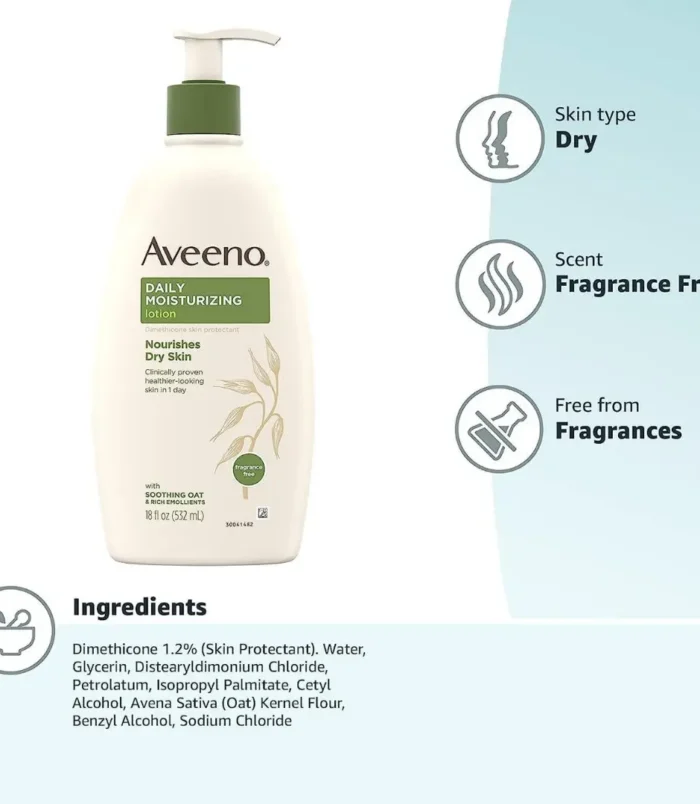 Aveeno Daily Moisturizing Body Lotion and Facial Moisturizer for Face, Body and Dry Skin, 18 fl oz6 Aveeno Daily Moisturizing Body Lotion and Facial Moisturizer for Face, Body and Dry Skin, 18 fl oz6