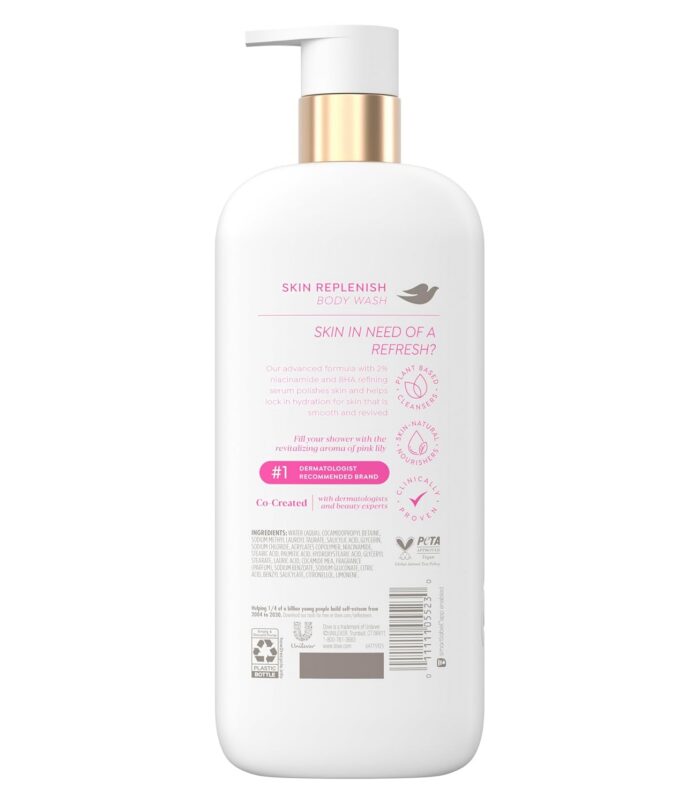 Dove Serum Body Wash Skin Replenish smooths skin with Niacinamide & BHA Serum 18.5 Fl Oz1 Dove Serum Body Wash Skin Replenish smooths skin with Niacinamide & BHA Serum 18.5 Fl Oz1